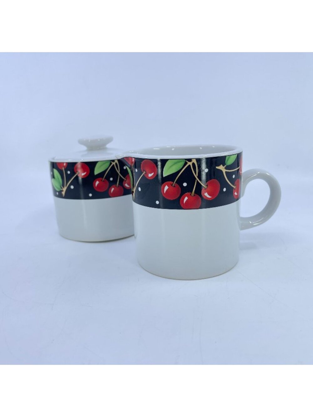 vintage mary engelbreit at home cherries creamer and covered sugar set 1994